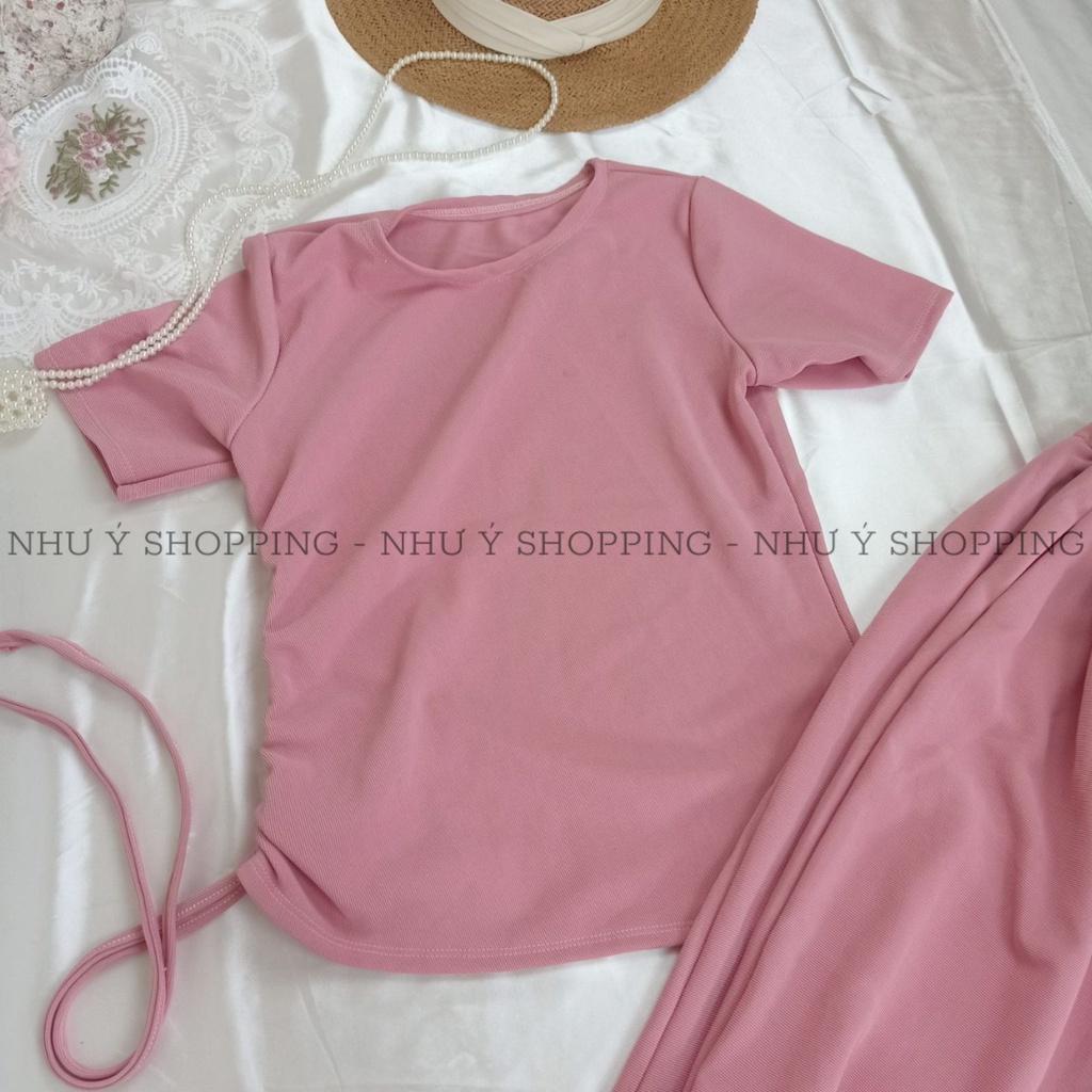 Bộ đồ nữ len tăm dây rút màu hồng cực xinh chất dày dặn free size dưới 55kg vừa