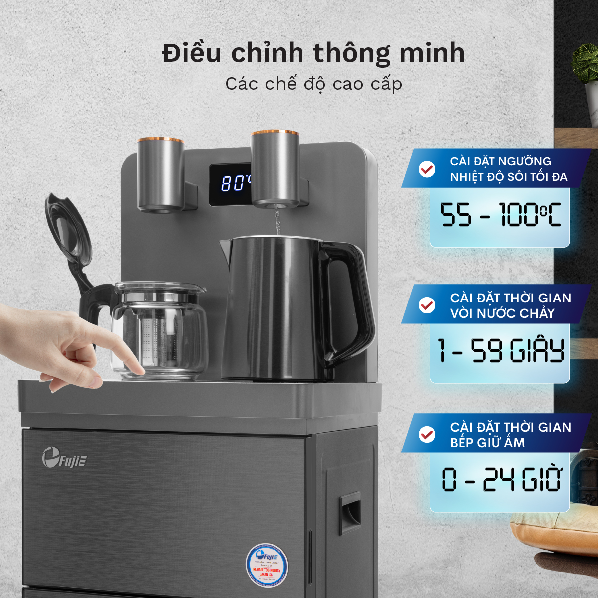 Cây nước nóng lạnh bàn trà cafe FujiE TBH1332E nhập khẩu, máy nước nóng lạnh điều khiển từ xa cài đặt nhiệt độ - Hàng chính hãng