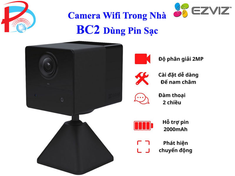 Camera WiFi Trong Nhà Dùng Pin sạc EZVIZ BC2 2M dùng Pin Sạc 2000 mAh, Đàm Thoại 2 Chiều - Hàng chính hãng