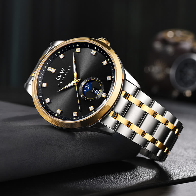 Đồng hồ nam chính hãng I&W Carnival 625G-T3 hàng mới fullbox,kính sapphire,chống xước,chống nước 50m,Bh 24 tháng,máy cơ (automatic),mạ vàng dây thép không gỉ