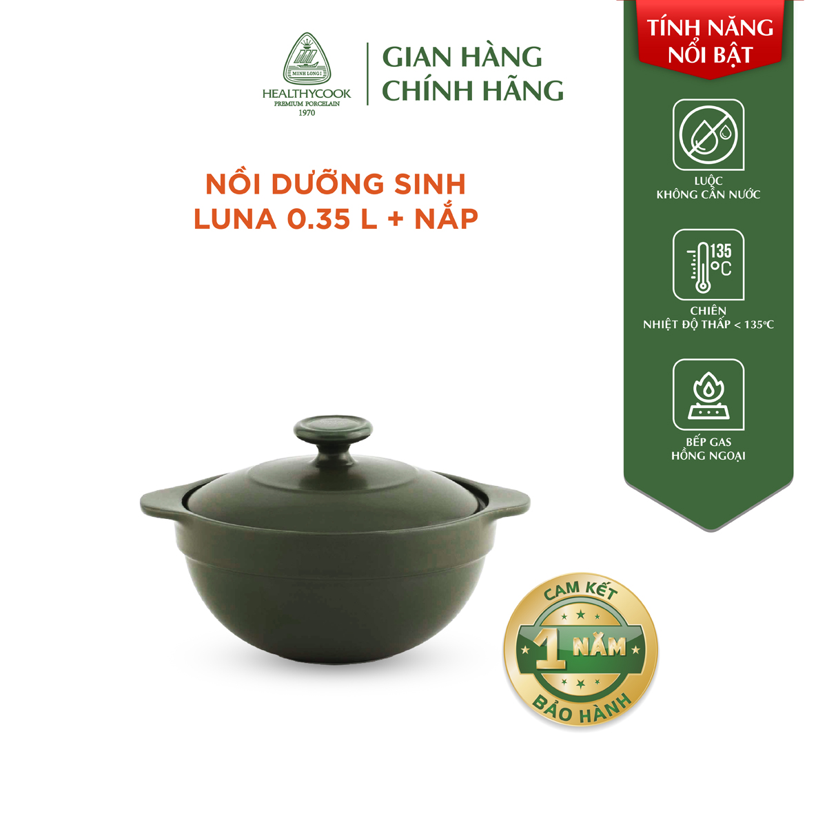 Nồi Sứ Dưỡng Sinh Minh Long Healthy Cook Luna 0.35 L - Dùng Cho Bếp Gas, Bếp Hồng Ngoại