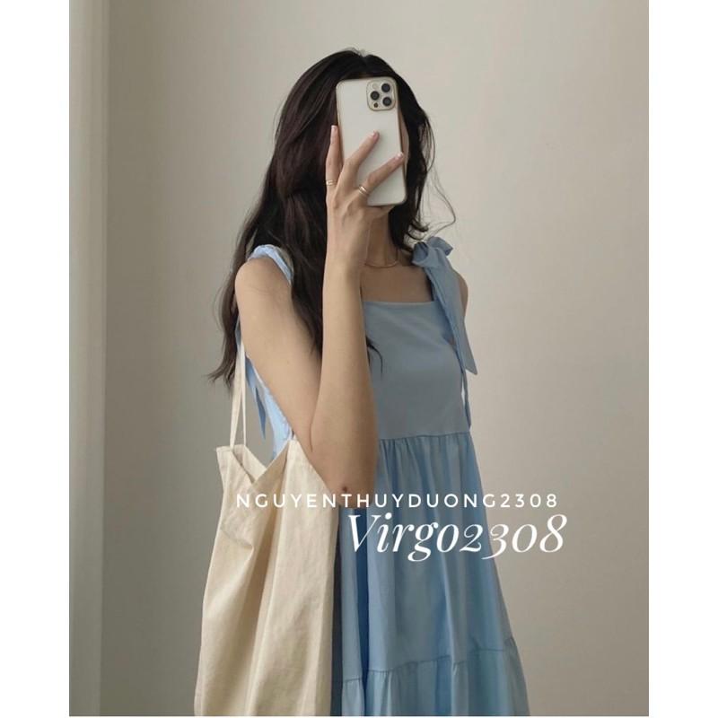 Váy thô đũi dáng babydoll 2 dây nơ vai/Đầm thô đũi babydoll