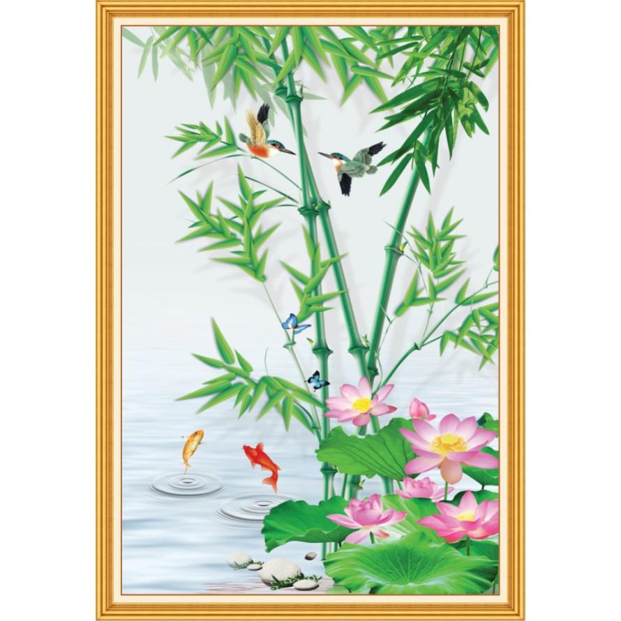 Tranh dán tường HD Cây trúc và hoa sen HUD1660K kim sa