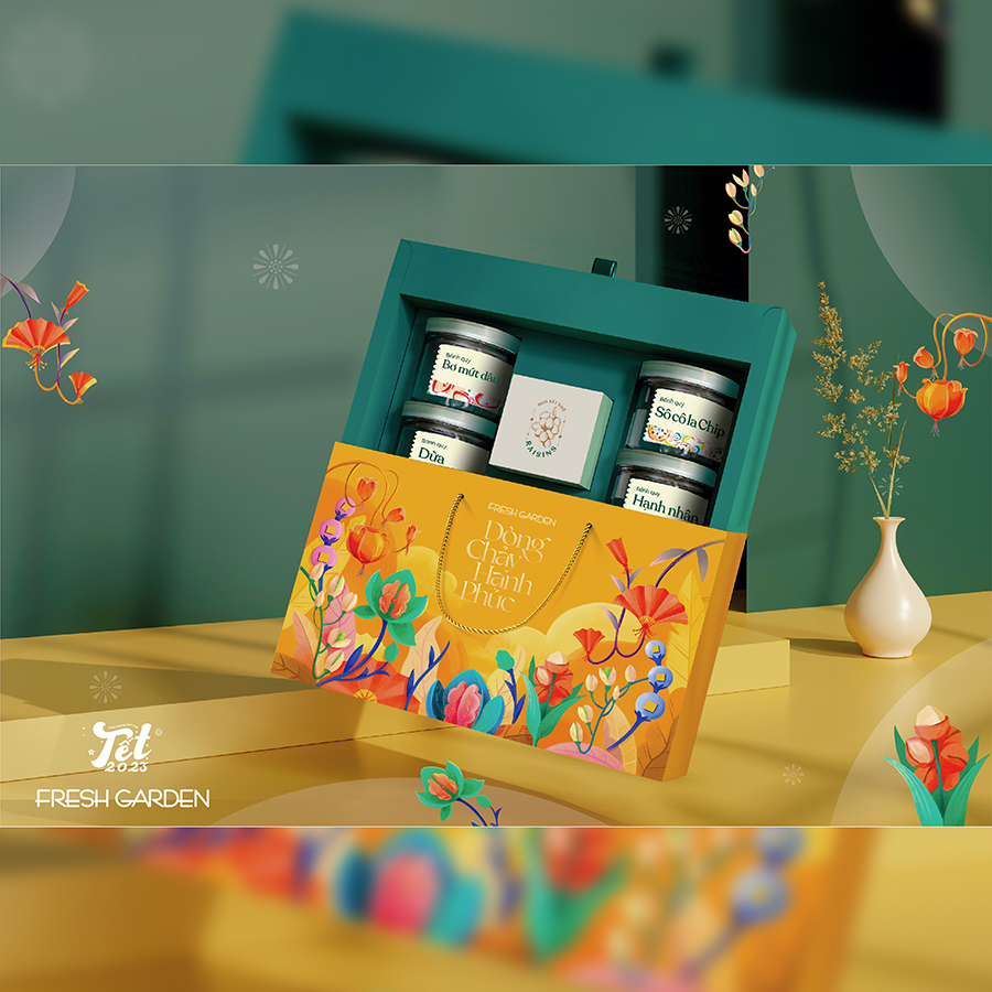 Bộ Bánh Quy Ngũ Vị Cao Cấp Quà Tết Dòng Chảy Hạnh Phúc FRESH GARDEN Đủ Loại Đủ Vị Tết Đong Đầy Hộp 110g