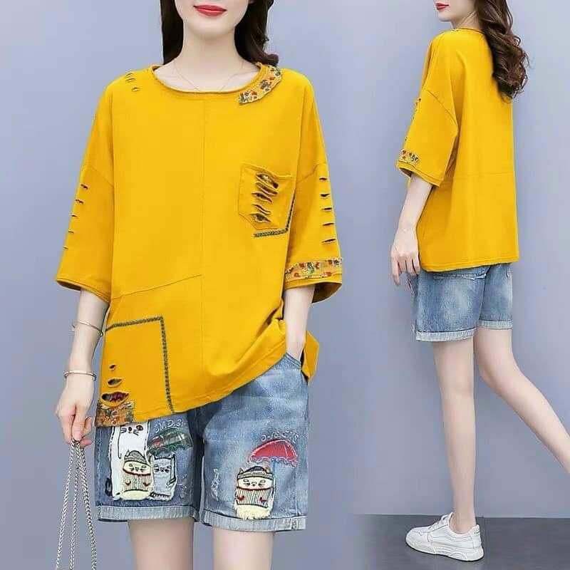 HÀNG NHẬP - SÉT BỘ SHORT QUẦN JEAN ÁO THUN VÀNG