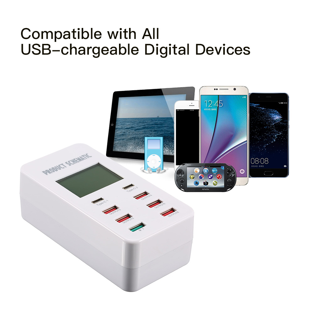 Bộ Sạc Nhanh 3.0 8a USB 6 Cổng Để Bàn Với 2 Cổng Loại C Màn Hình LCD