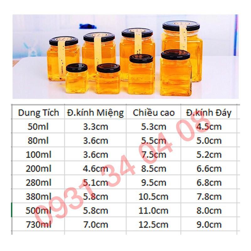 HŨ THỦY TINH VUÔNG 100ml-200ml-500ml Hũ thủy tinh vuông nắp thiếc đen đựng đồ khô , gia vị