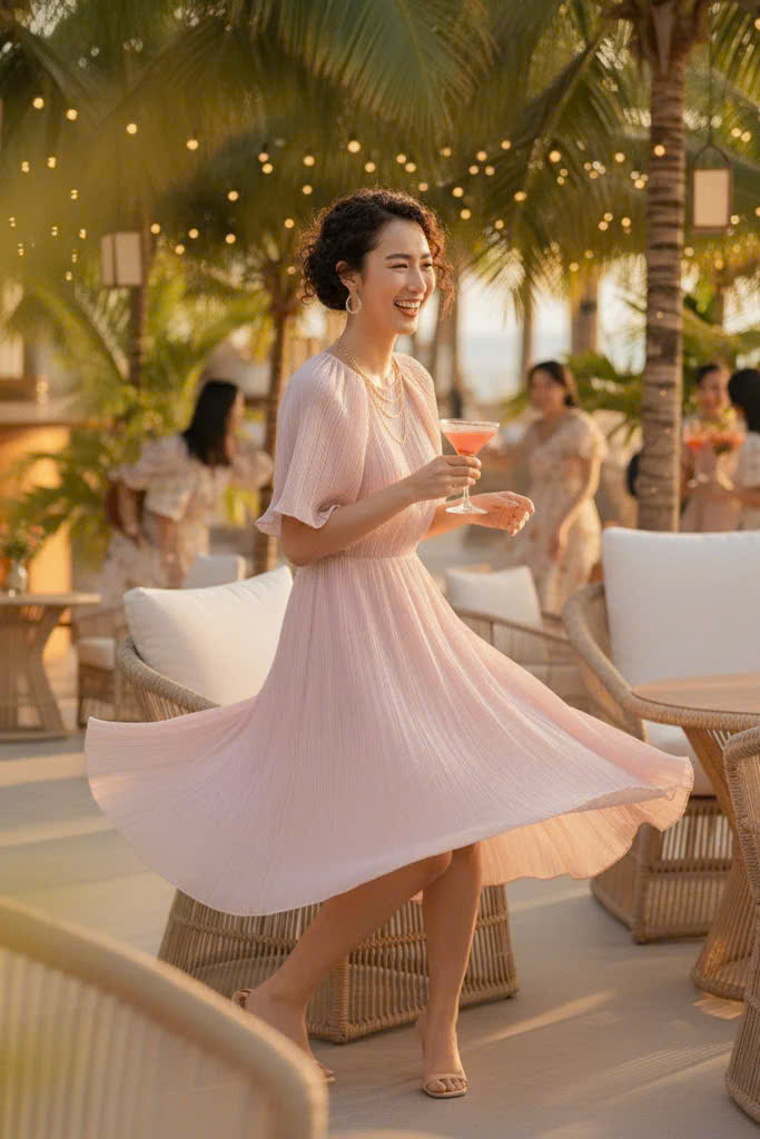 Đầm Xoè Dập Ly Hồng Pastel thời trang thiết kế Hity DRE194