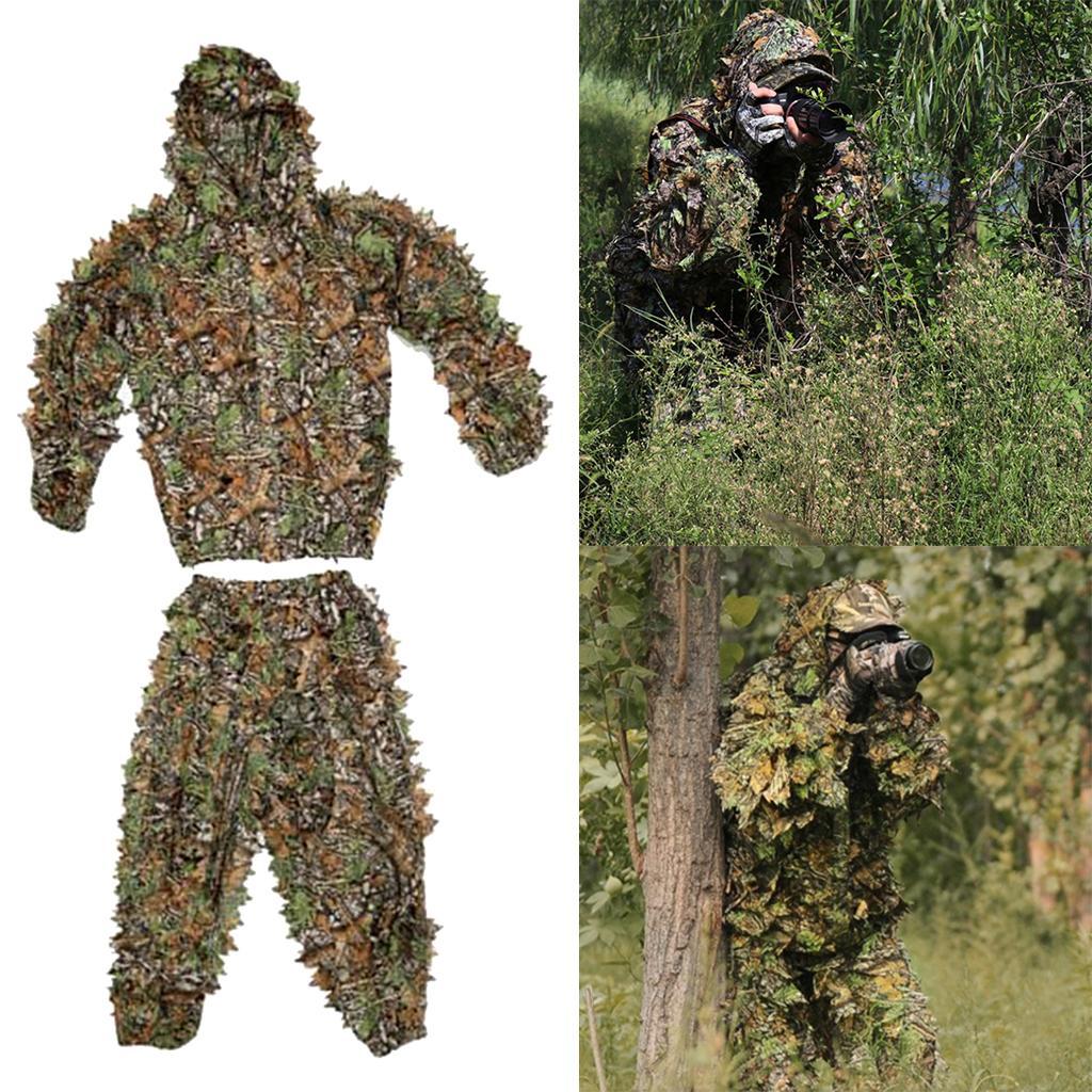 2x Breathable Leafy Camo Hooded Stretchy Ghillie Suits Clothes Jacket Pants Lightweight for Child Unisex Outdoor Hunting Shooting Wildlife Photography