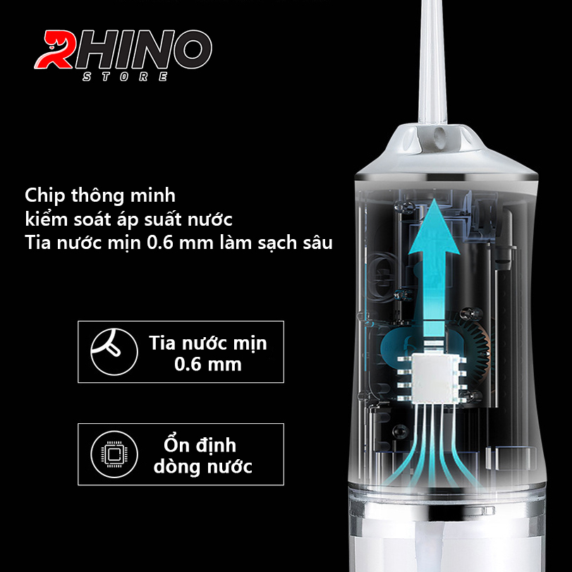 Máy tăm nước rửa răng thông minh Rhino T101 220ml xịt nước chăm sóc răng miệng cầm tay, 3 chế độ có thể sạc - Hàng chính hãng