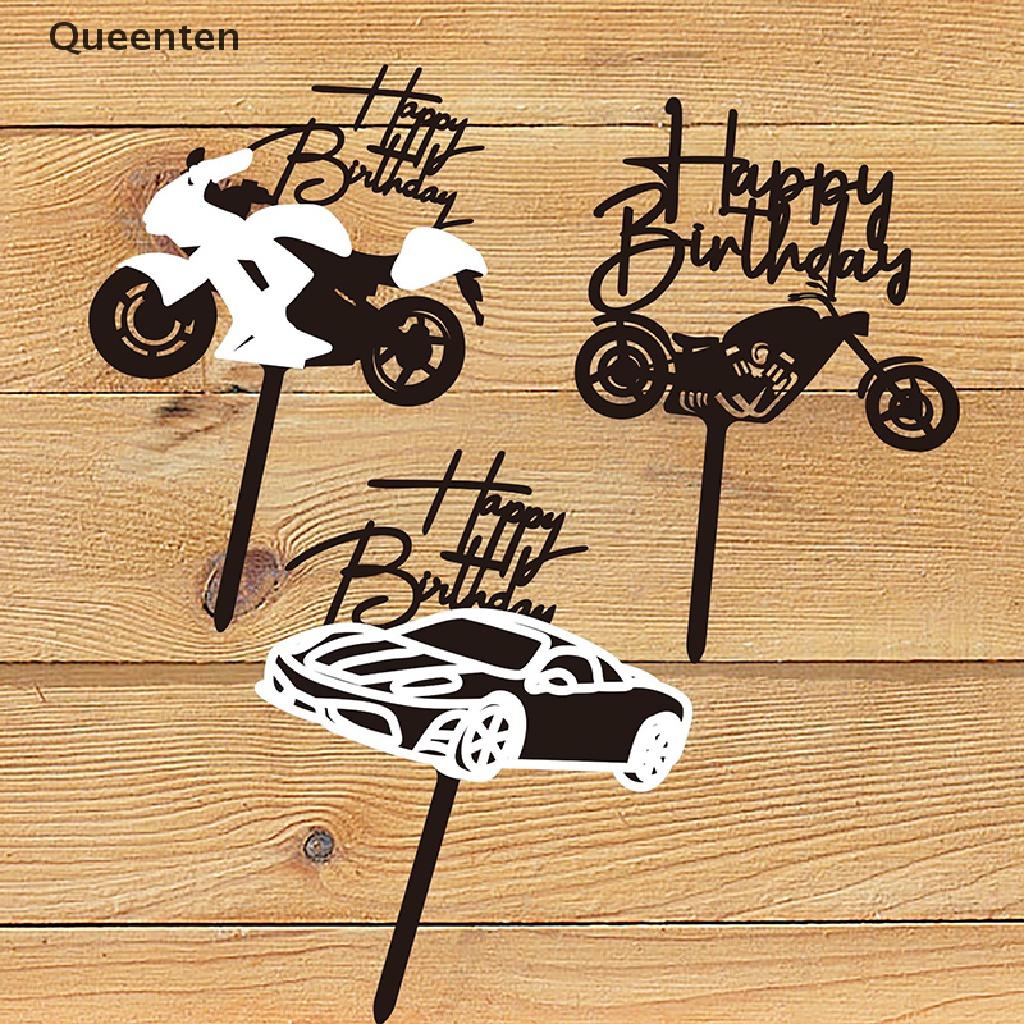 Queenten Car Motorcycle Happy Birthday Cake Topper Acrylic Gold Motorbike Cupcake Topper QT