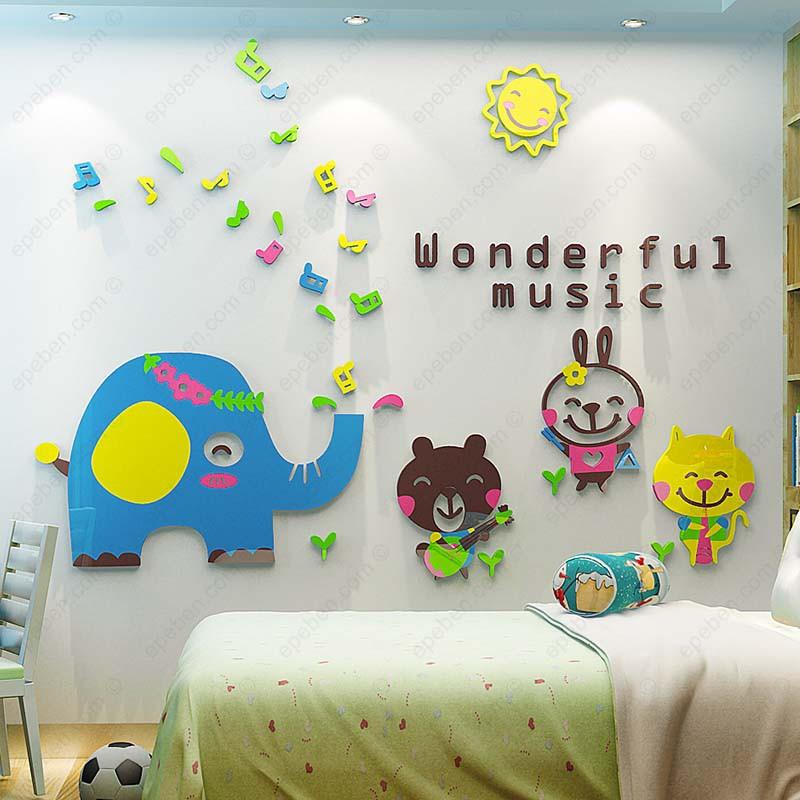 Tranh dán tường mica 3d decor khổ lớn thế giới âm nhạc cho bé trang trí mầm non, mẫu giáo, phòng cho bé