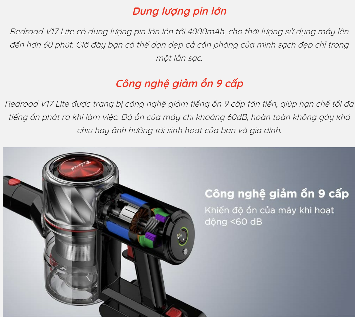 Máy Hút Bụi Không Dây Cầm Tay XIAOMI REDROAD V17 LITE Cực Nhẹ Lực Hút 26.500 Pa Thời Gian Làm Việc 60 Phút Công Suất 150W - Hàng Chính Hãng