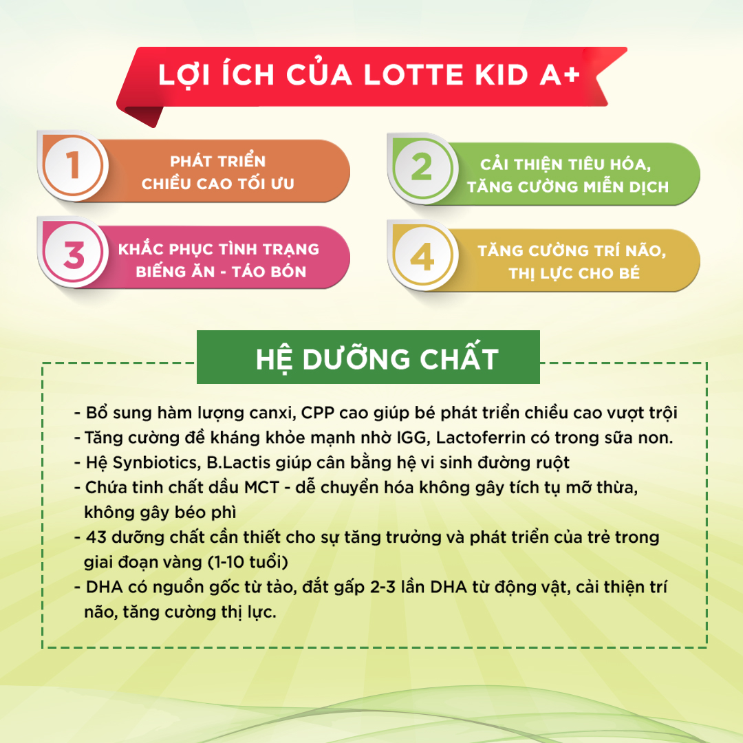 Sữa Lotte Kid A+Hàn Quốc 760g - Phát triển chiều cao, cân nặng cho bé từ 1 tuổi trở lên