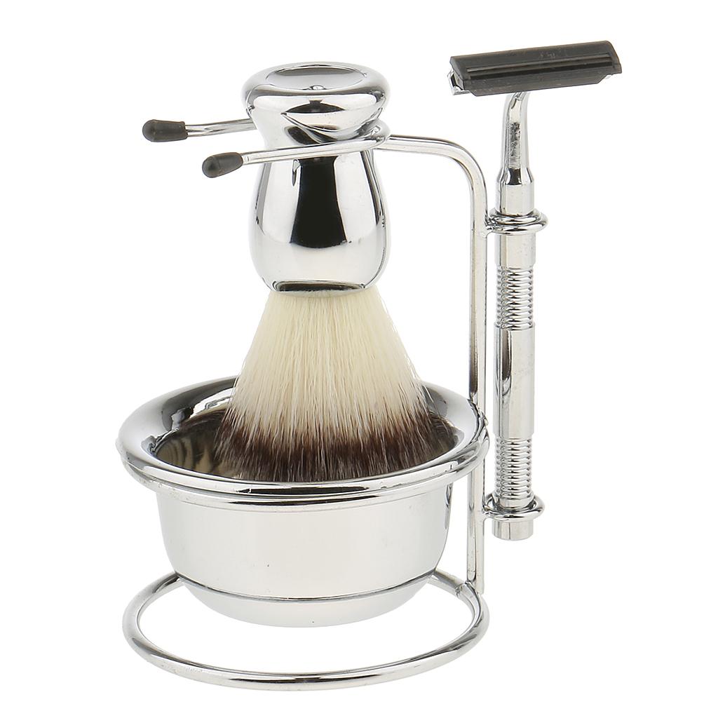 Mens Beard Removal Grooming Set, Wet Shave Kit, includes Brush, Safety Razors, Bowl and Stand Holder