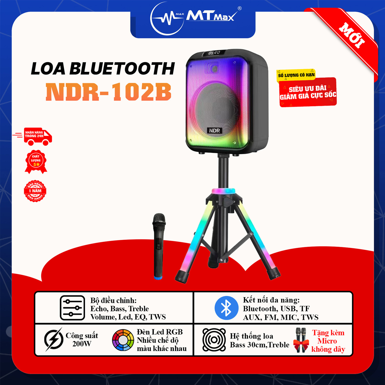 Loa Bluetooh Karaoke NDR 102B - Loa Đèn Led Cực Đẹp 7 Chế Độ, Âm Thanh Mạnh Mẽ, Trầm Ấm, Kết Nối Bluetooth, USB, TF, AUX, TWS, Đi Kèm Chân Loa Có Led RGB Và Micro Không Dây Đa Năng hàng chính hãng