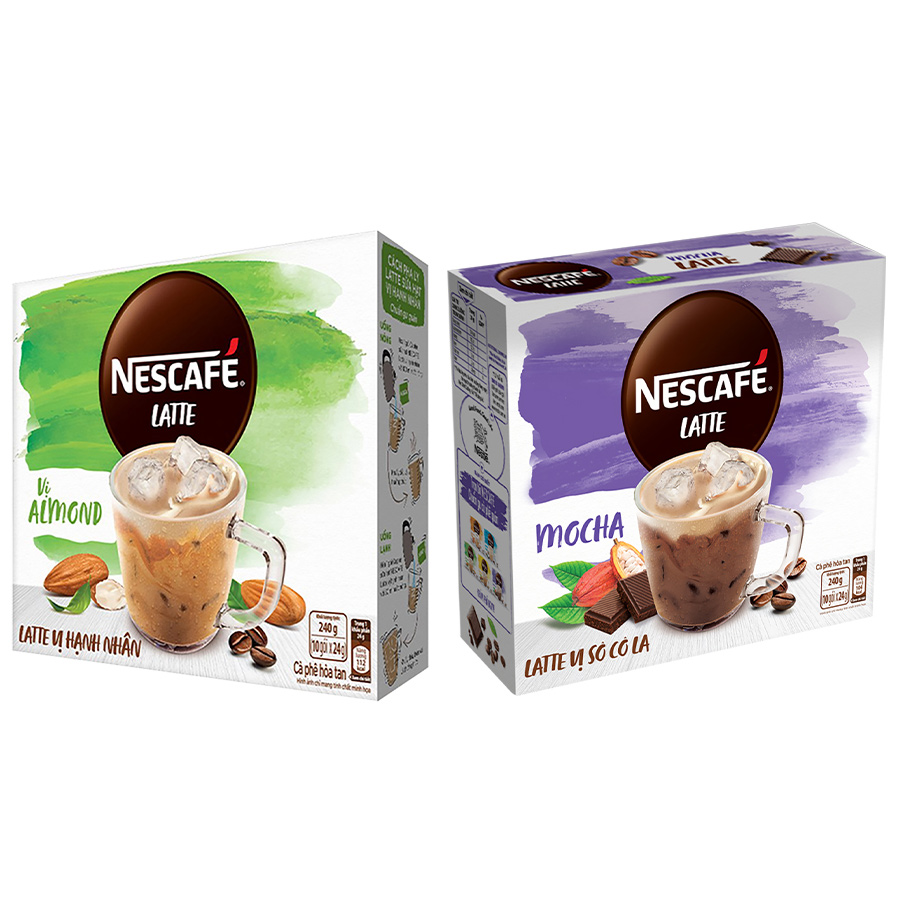 Combo Nescafé Latte vị hạnh nhân và cà phê hòa tan Nescafé Latte vị sô cô la (Hộp 10 gói x 24g)