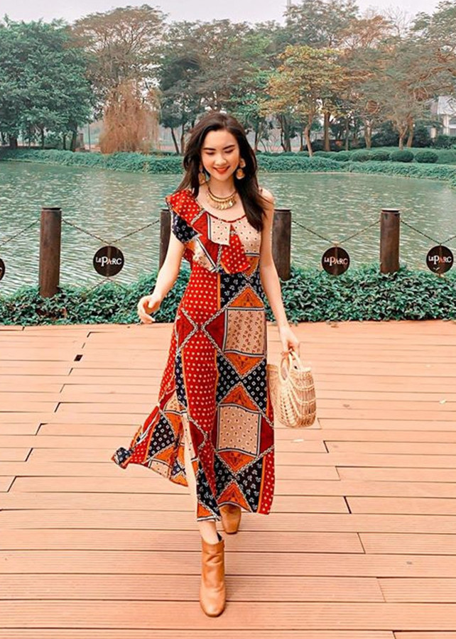 Barley dress - Váy maxi vai rủ họa tiết kẻ ô size S