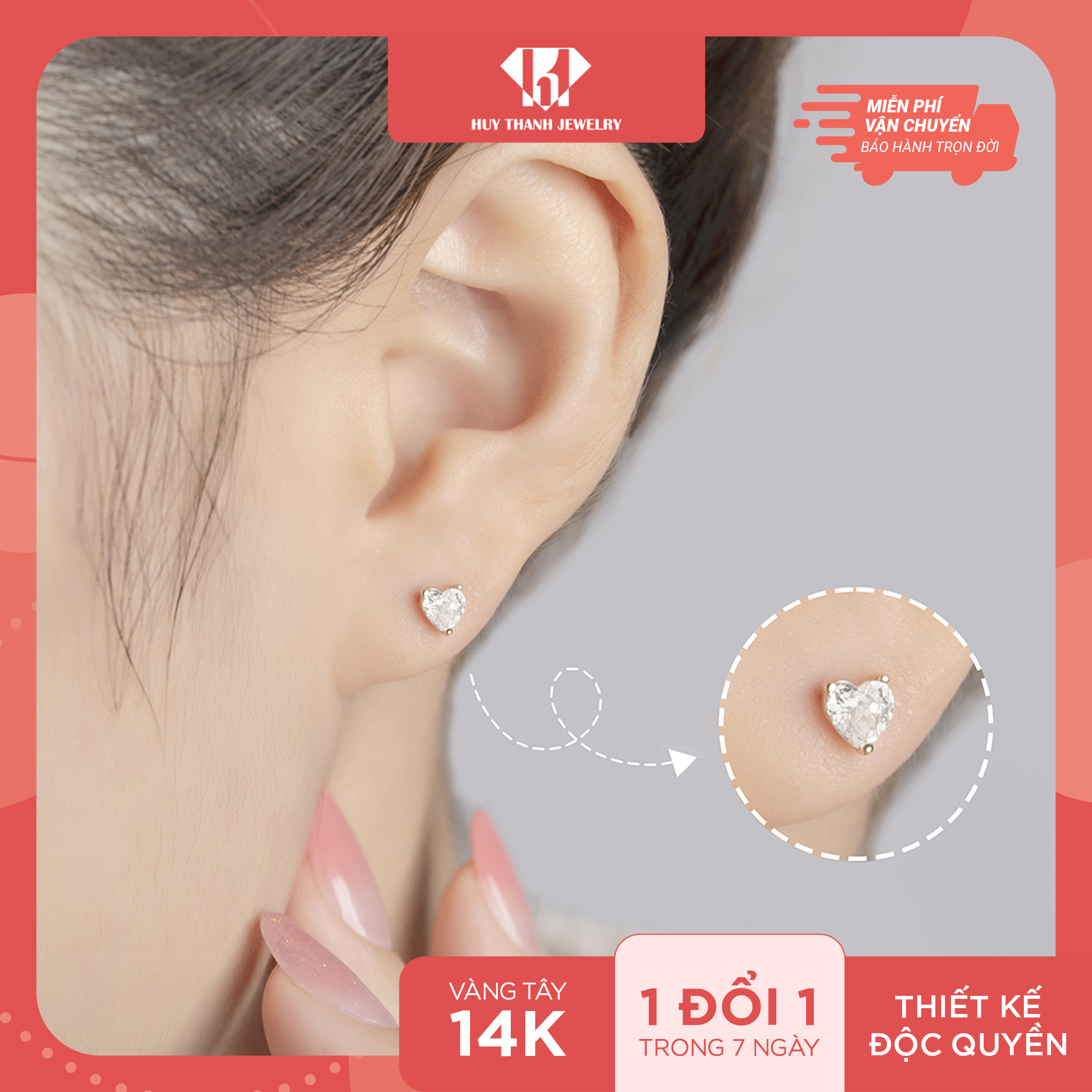 Bông Tai Nữ Vàng 14K BTAM42 Huy Thanh Jewelry