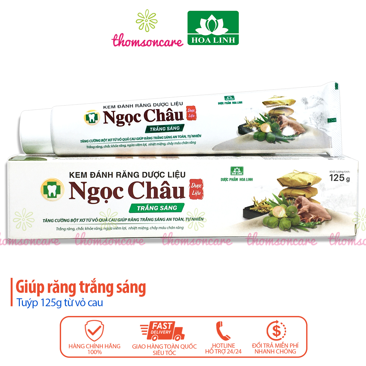 Kem đánh răng trắng sáng Ngọc Châu - Mẫu mới 125g từ vỏ cau và thảo dược - Giảm vết ố, mảng bám, sâu răngg