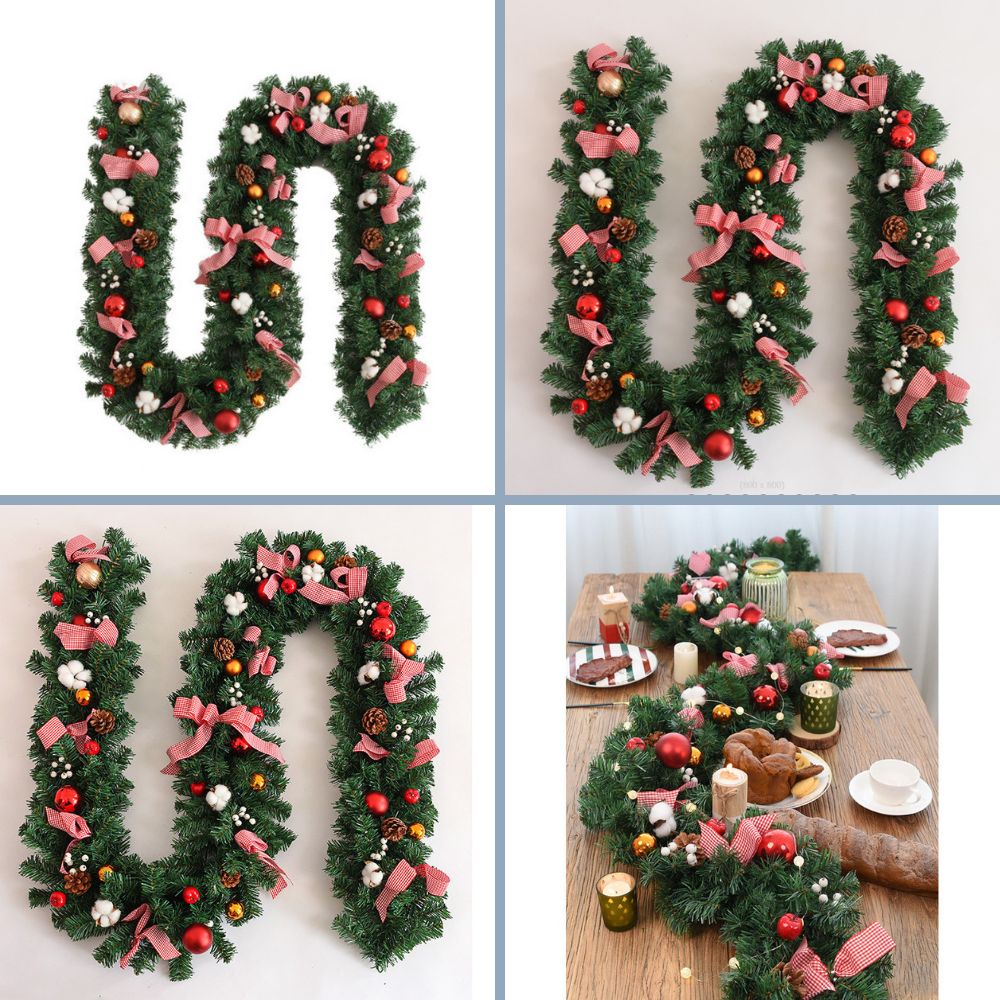 Dây Lá Thông KCS01 Nơ Vải Ca Rô Đỏ Trang Trí Noel Giáng Sinh