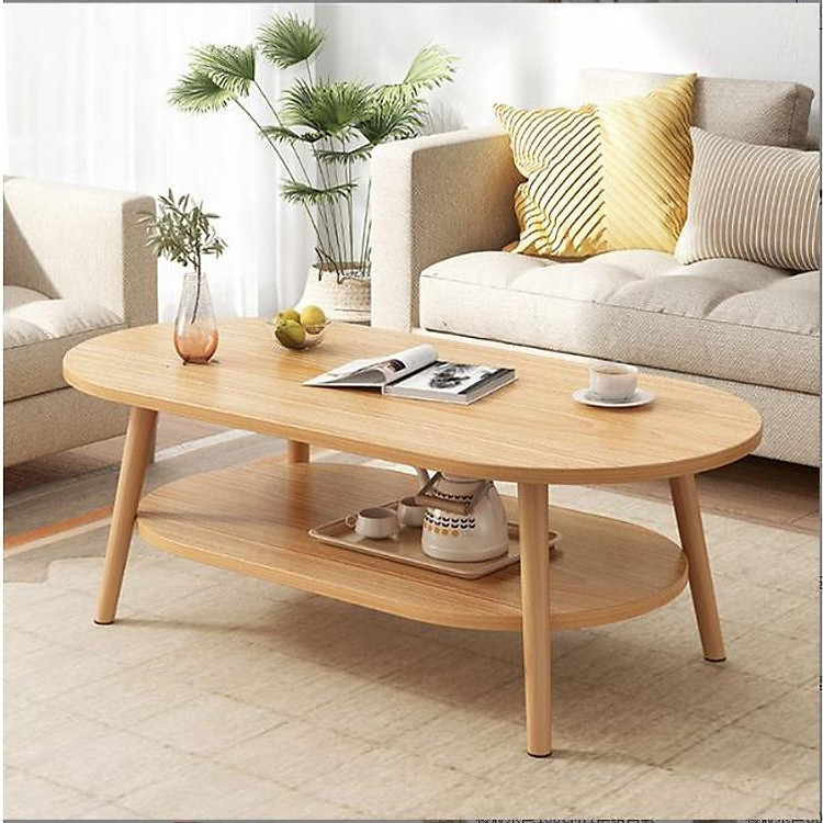 Bàn sofa, bàn trà hình Ovan 2 tầng, chân gỗ tự nhiên cao cấp