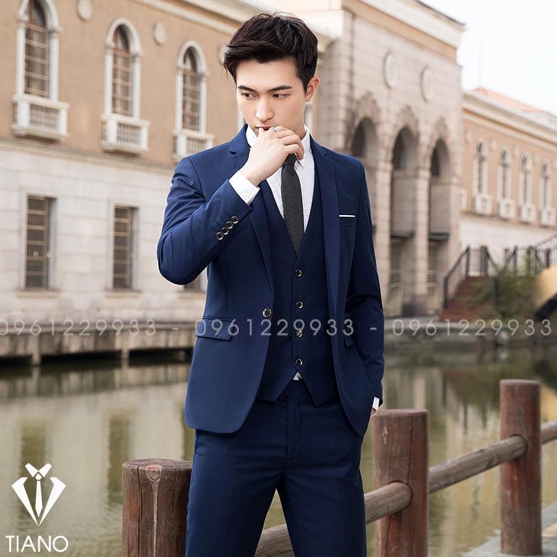 Bộ Vest nam màu Xanh Than 1 cúc, form ôm body, chất vải dày mịn co giãn nhẹ. Suit Nam Cao Cấp
