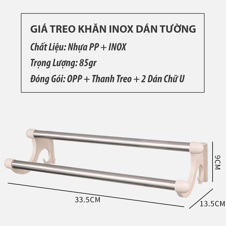 Giá Treo Khăn Nhà Tắm Dán Tường 2 Thanh INOX Giá Treo Vung Nồi Móc Đồ Nhà Bếp Tiện Lợi