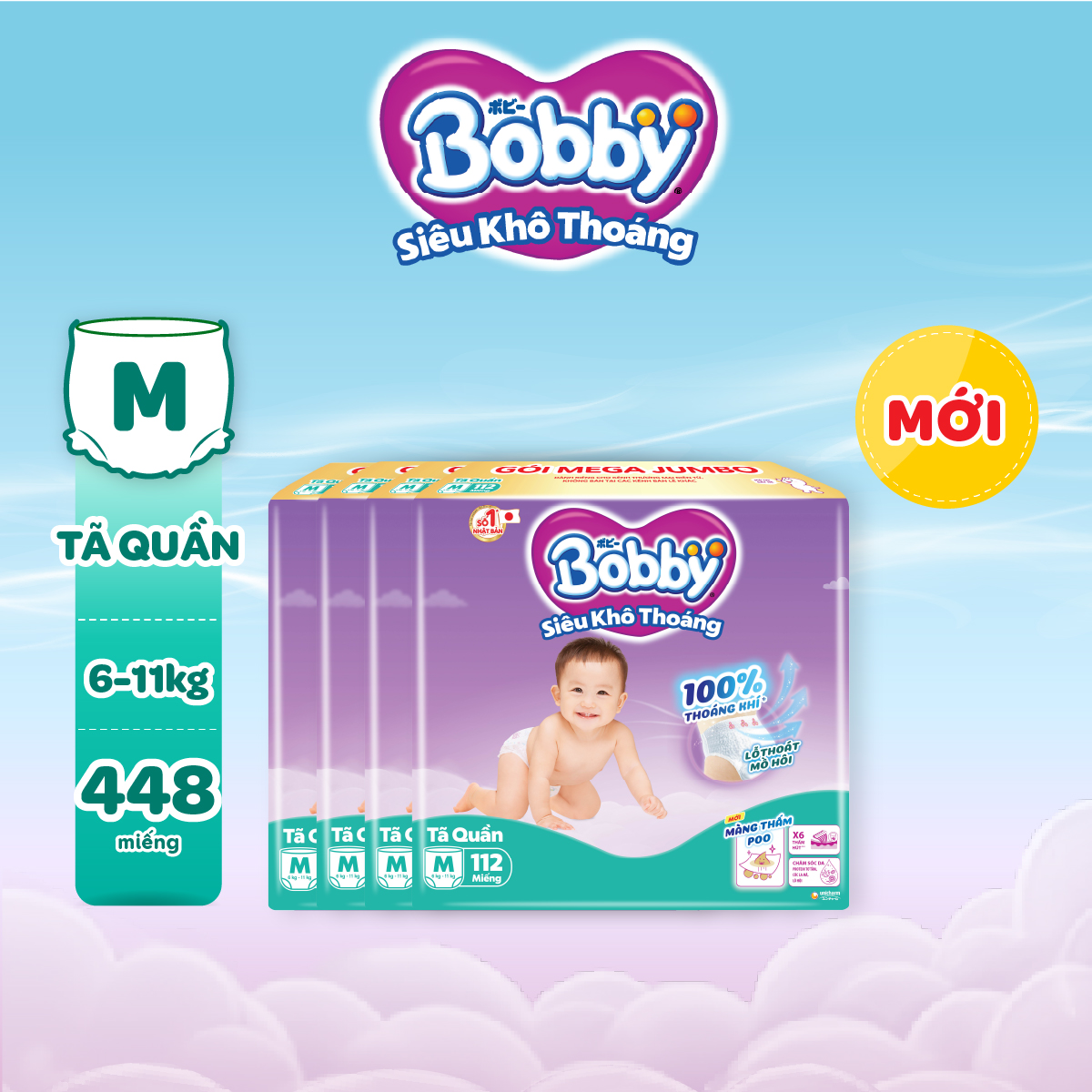 Tã quần Bobby Siêu Khô Thoáng - 100% Thoáng Khí Mega Jumbo M112