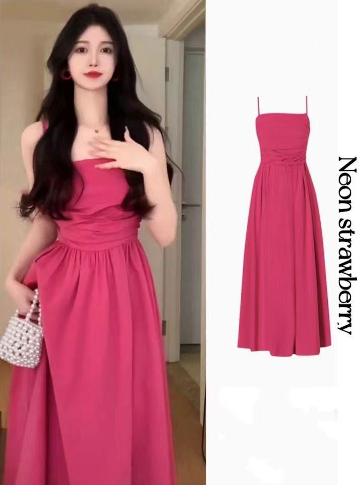 TOBE1SHOP Tea Break French Rose Sling Dress Trẻ em mùa hè 2023 Thắt lưng lộ ra váy dài nghỉ mát bên bờ biển gầy