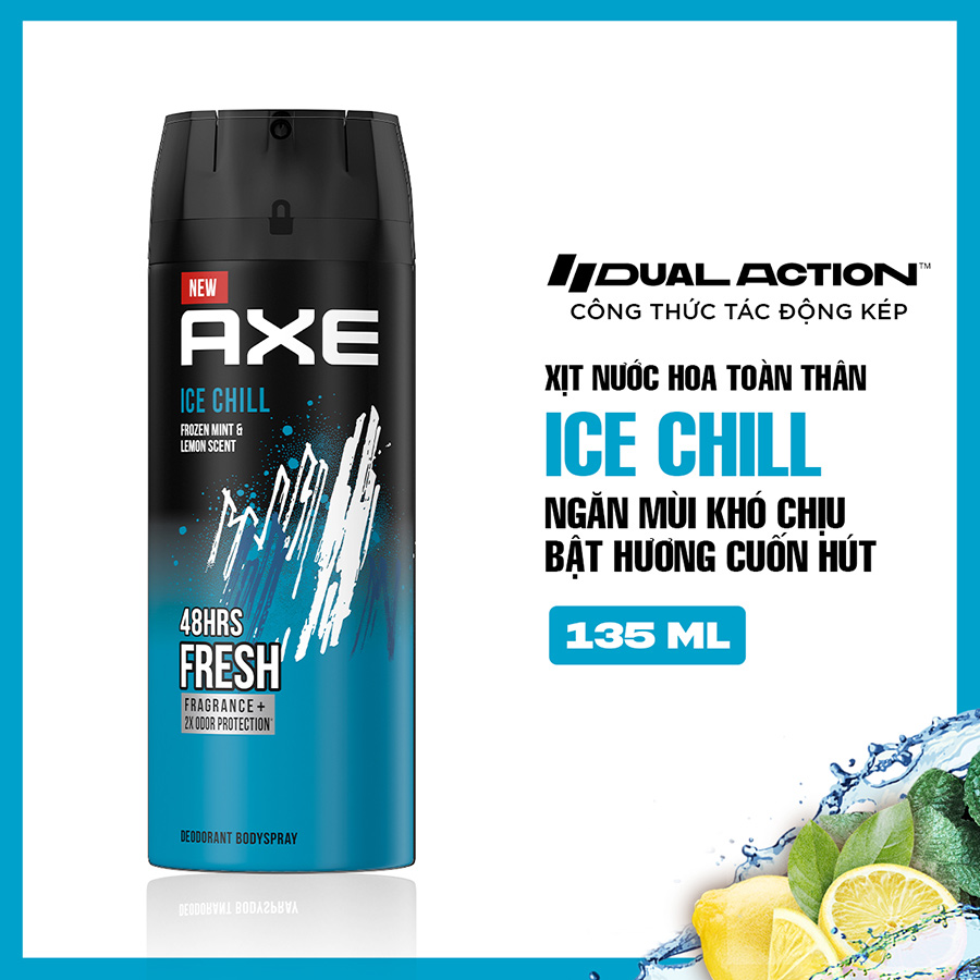 Xịt nước hoa toàn thân Axe Ice Chill Khử mùi cho nam Hương thơm Sảng khoái mát lạnh từ chanh tươi, bạc hà ướp lạnh 135ml