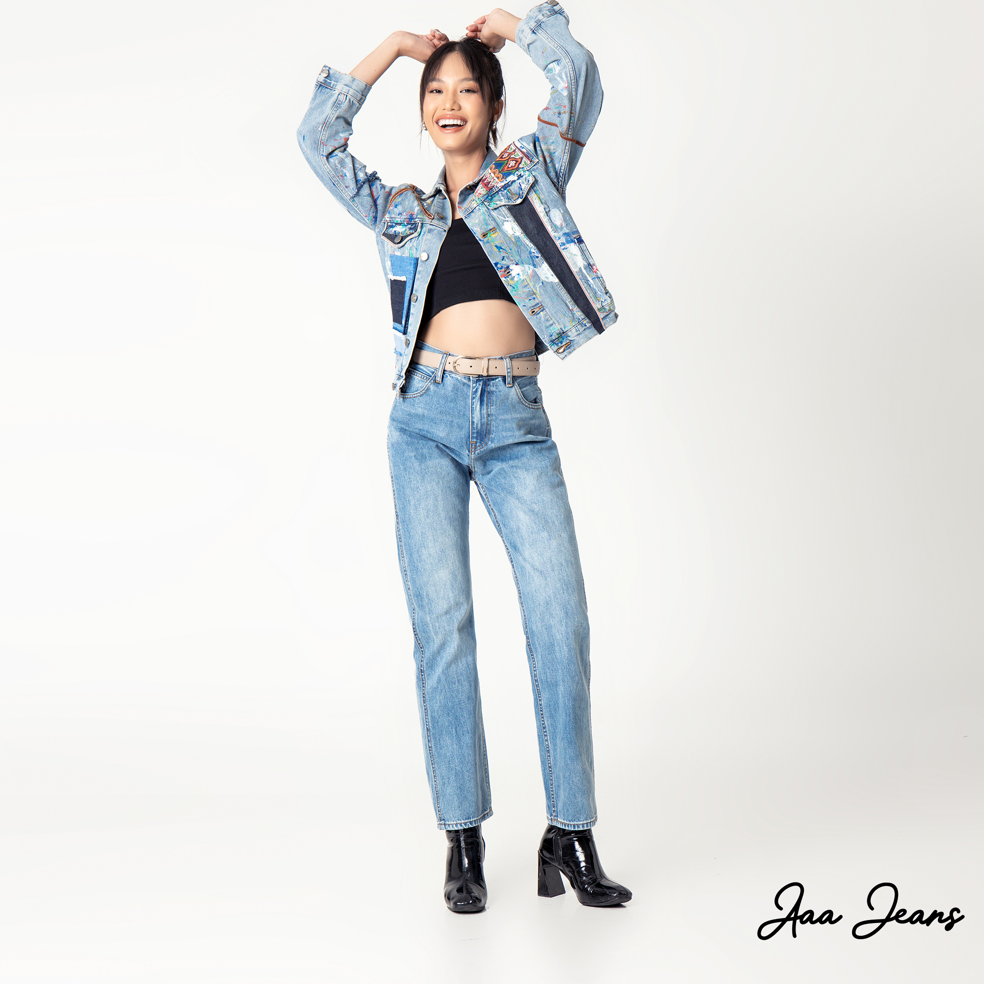 Quần jeans ống đứng nữ lưng cao Aaa Jeans Xanh Sky