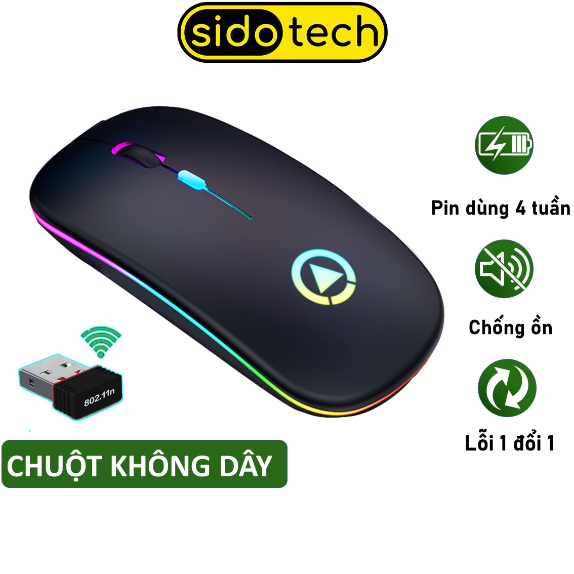 Chuột Không Dây Sạc Pin Máy Tính Sidotech M2S Chống Ồn Thiết Kế Công Thái Học Đèn LED RGB Thuộc Dòng Chuột Không Dây Gaming Logitech Fuhlen Xiaomi Apple Genius Dell Phù Hợp Cho Laptop Pc TV - Hàng Chính Hãng