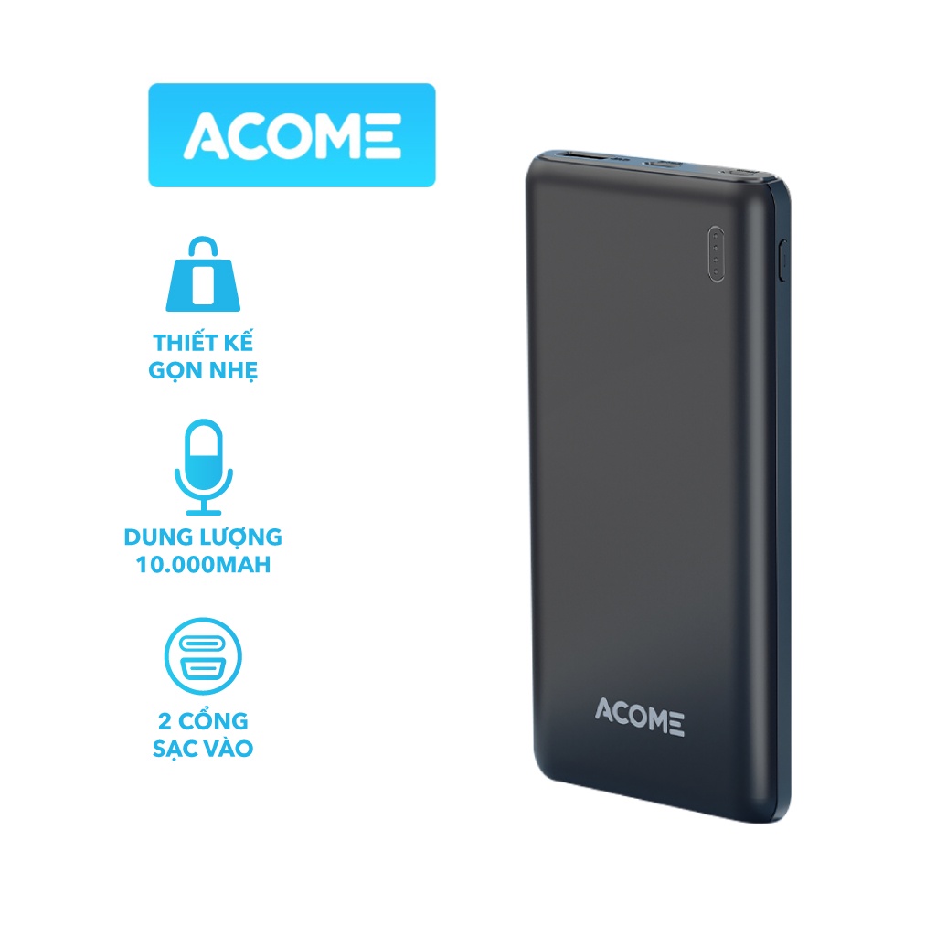 Pin Sạc Dự Phòng ACOME AP108 10000mAh 3 cổng Micro/Type-C/USB Hỗ trợ Sạc Nhanh Chuẩn QC 3.0 - Hàng chính hãng