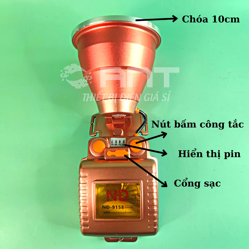 Đèn pin đội đầu siêu sáng, chống nước chiếu xa 500m, chóa 10cm công suất 9000w, thời gian pin 8 - 10h, ND-9158