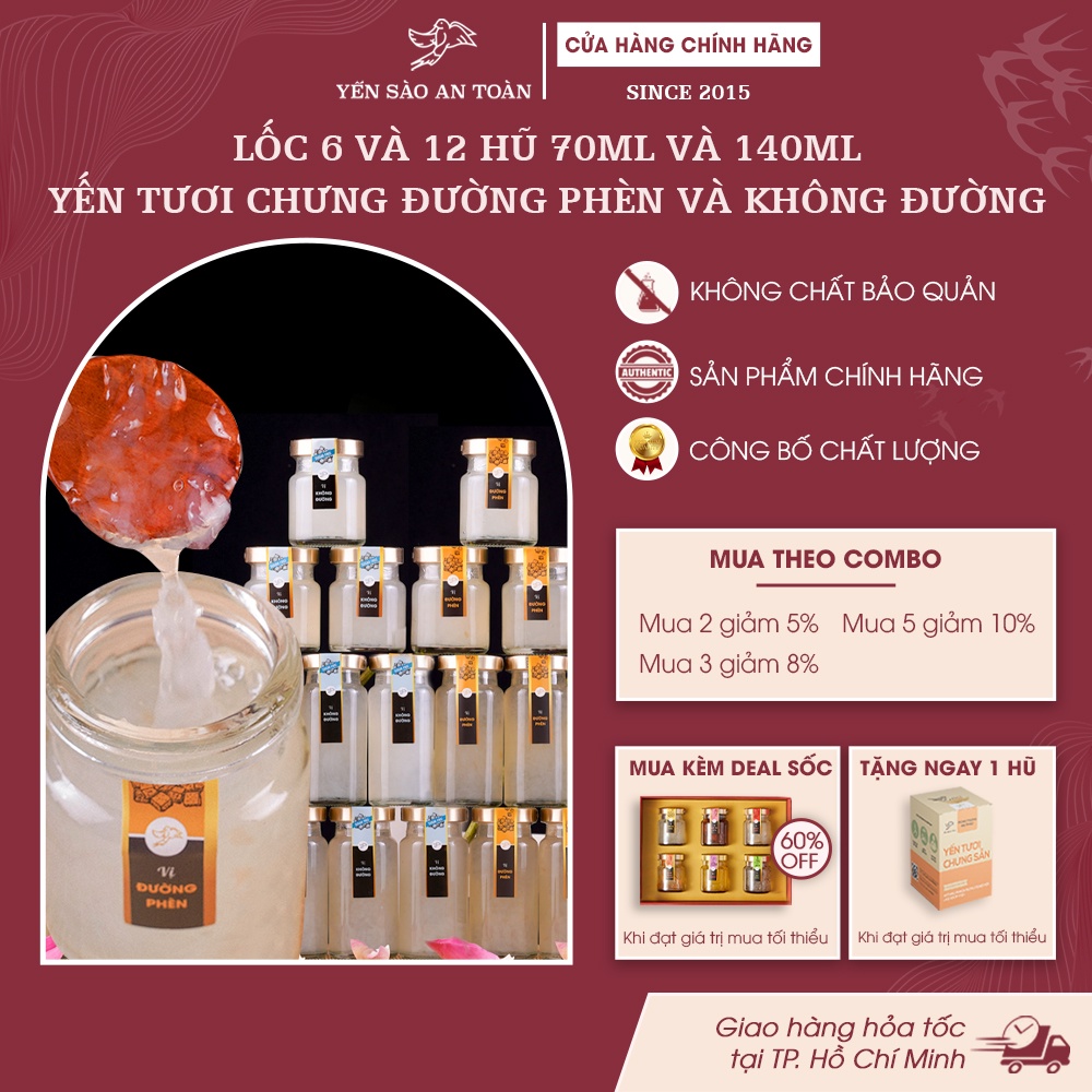 Yến chưng đường phèn và không đường combo 6 và 12 hũ 70ml và 140ml ĐẬM ĐẶC YẾN TƯƠI từ Yến Sào An Toàn