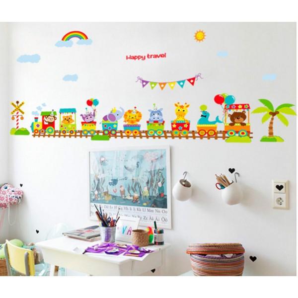 Decal dán tường động vật tiếng anh kèm đoàn tàu happy travel cực đẹp