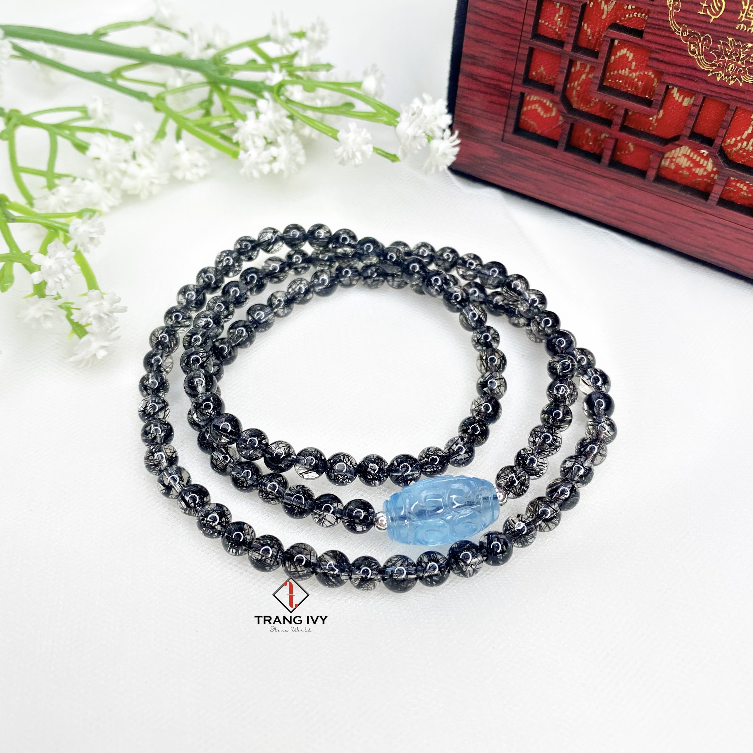 Chuỗi Thạch Anh Tóc Đen Mix Lu Thống Aquamarine