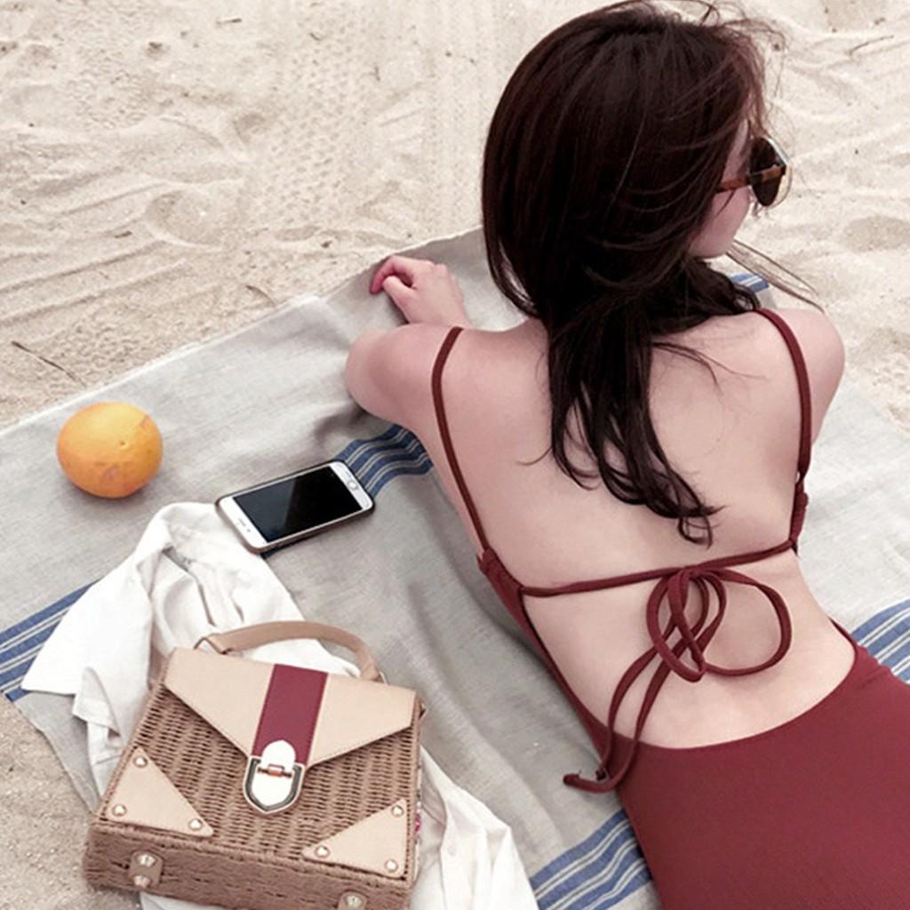 Bikini Đồ Bơi Một Mảnh Hai Dây Khoe Lưng Hàn Quốc Cao Cấp Dày Dặn Co Giãn 4 Chiều Tôn Dáng