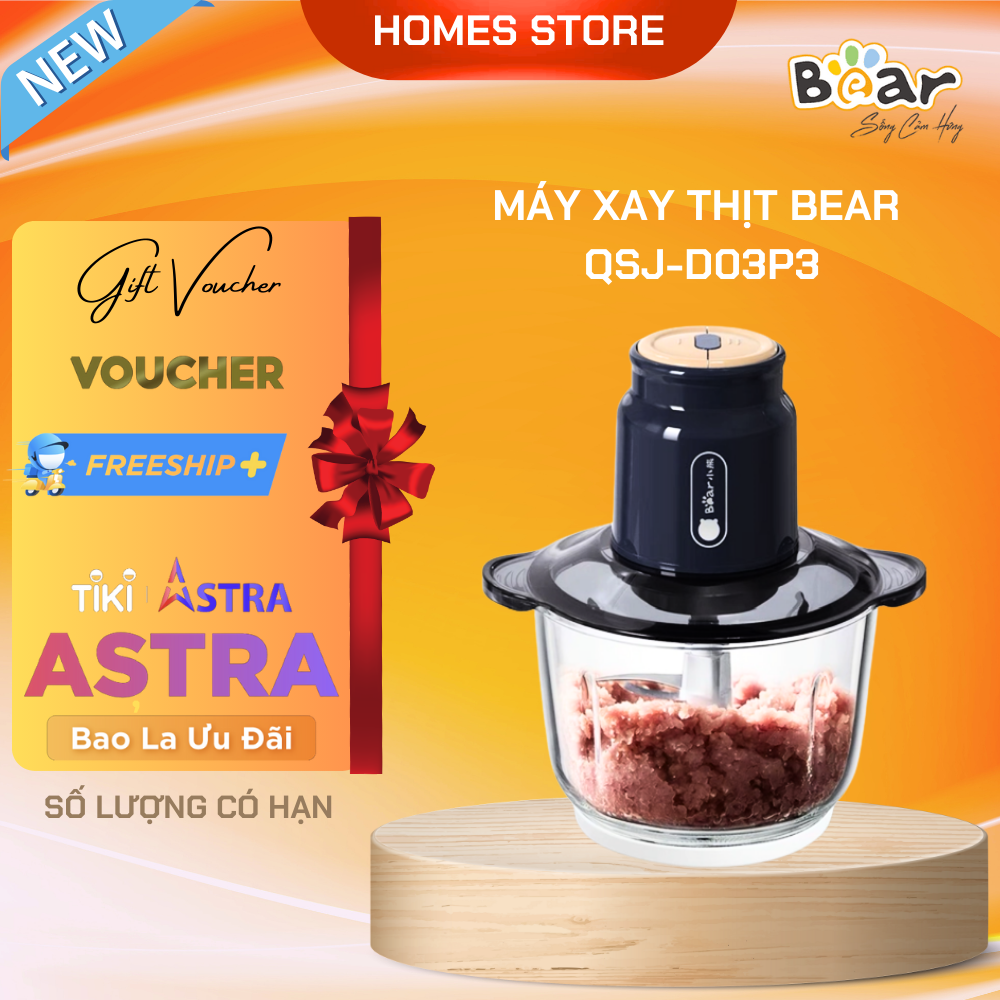 Máy Xay Thịt, Xay Thực Phẩm BEAR QSJ-D03P3 Cực Kỳ Êm, Siêu Nhuyễn Dung Tích 2 Lít Công Suất 300 W - Hàng Chính Hãng