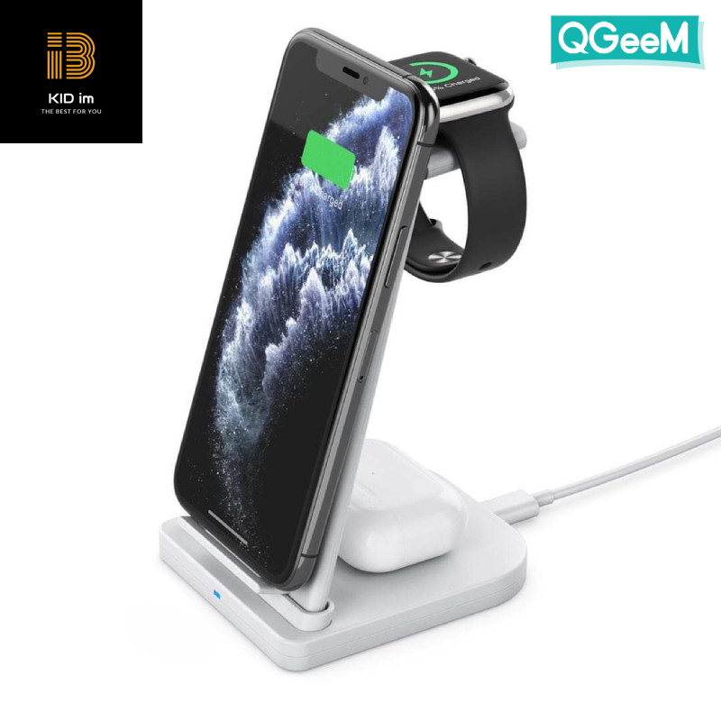 Bộ Đế sạc không dây QGeeM Charging Stand chuẩn Qi 15W kèm củ sạc và dây cáp QC3.0 3 trong 1 cho iWatch, AirPods và iPhone - Hàng chính hãng