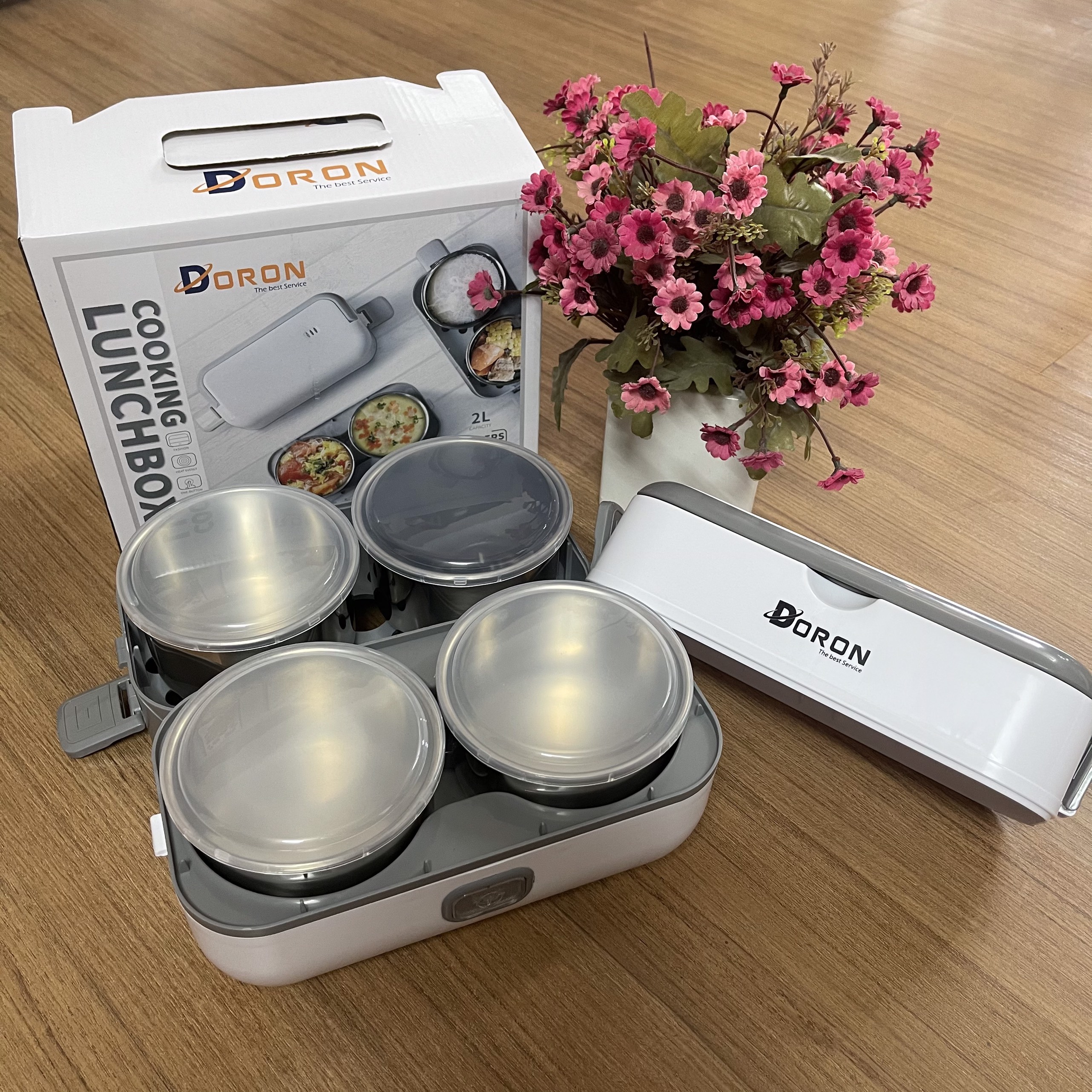Hộp Cơm Điện Đa Năng Hâm Nóng Và Tự Nấu Chín Thức Ăn Với 4 Hộp Inox chính hãng Doron