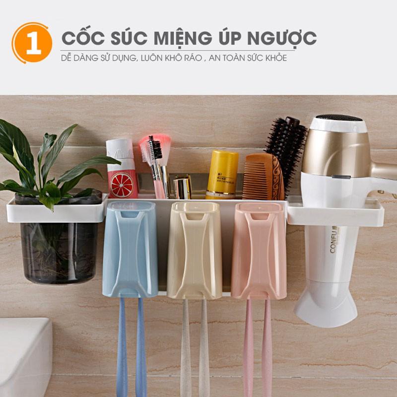 Kệ để đồ nhà tắm, treo bàn chải đánh răng, tặng kèm 3 cốc đa năng, có giá treo máy sấy tóc thông minh 