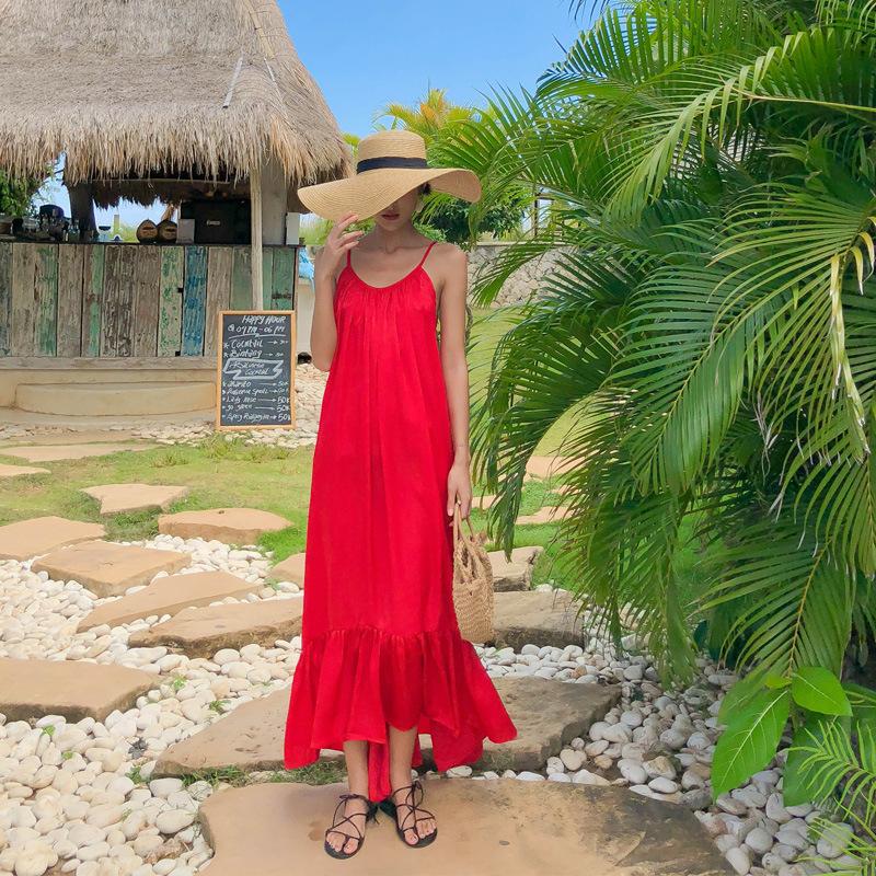 New beach dress red backless dress long skirt