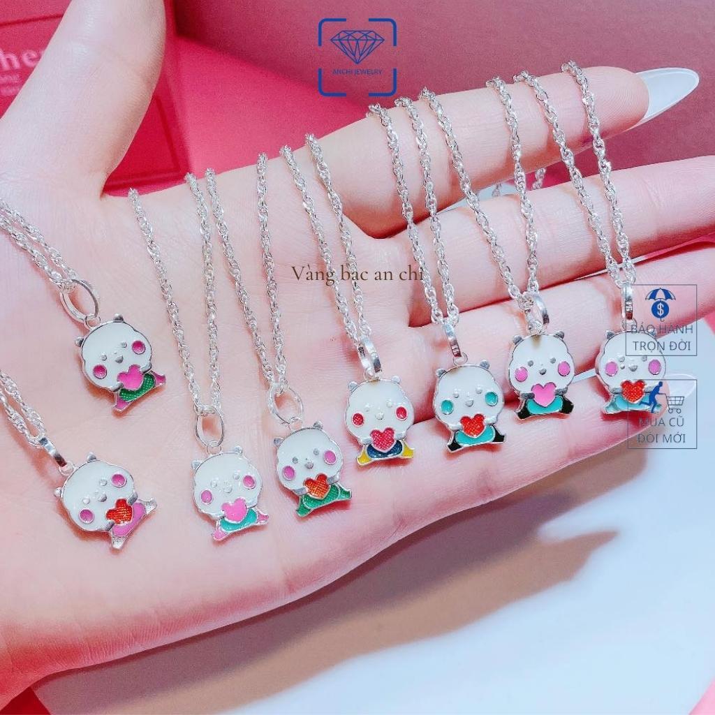 Vòng cổ bạc cho bé gái mặt nhân vật hoạt hình xanh đỏ hồng dễ thương,Anchi jewelry