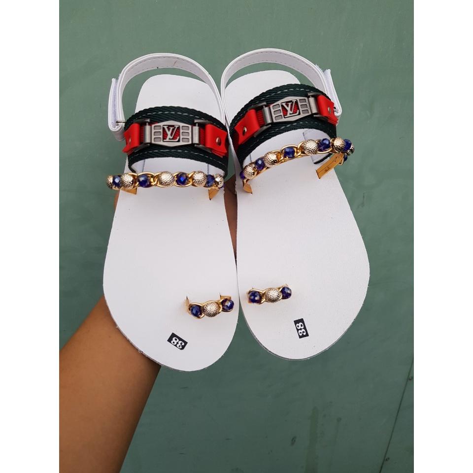 Dép sandals nữ đế trắng quai phối cườm đá size từ 34 đến 42