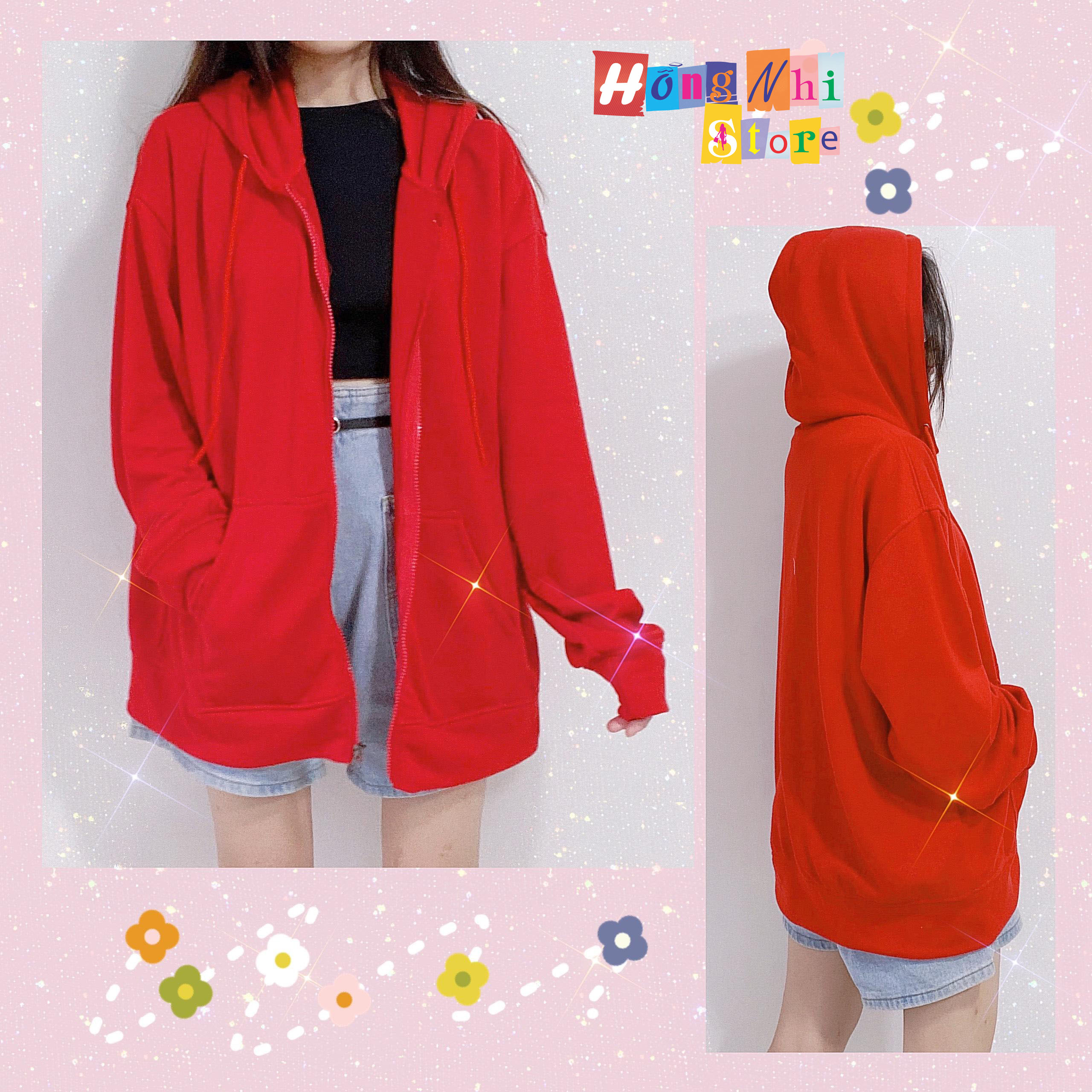 Áo Khoác Hoodie Zip Trơn Oversize Ulzzang Unisex Hoodie Dây Kéo Màu Đỏ Dáng Rộng - MM