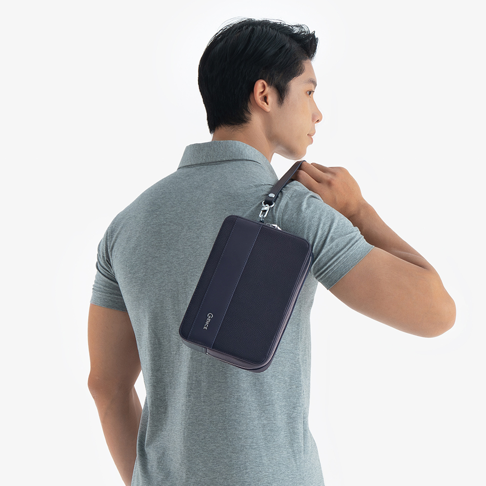 Túi Đeo Chéo Ví Da Nam Cầm Tay GENCE TC01 Chất Liệu Da Bò Cao Cấp Màu Xanh Navy