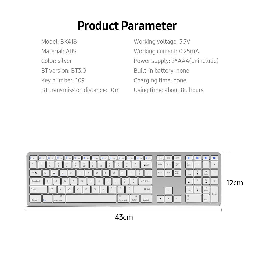 Multi-paired BT Keyboard 109-key Wireless Keyboard Support for IOS/Android/Windows System Silver