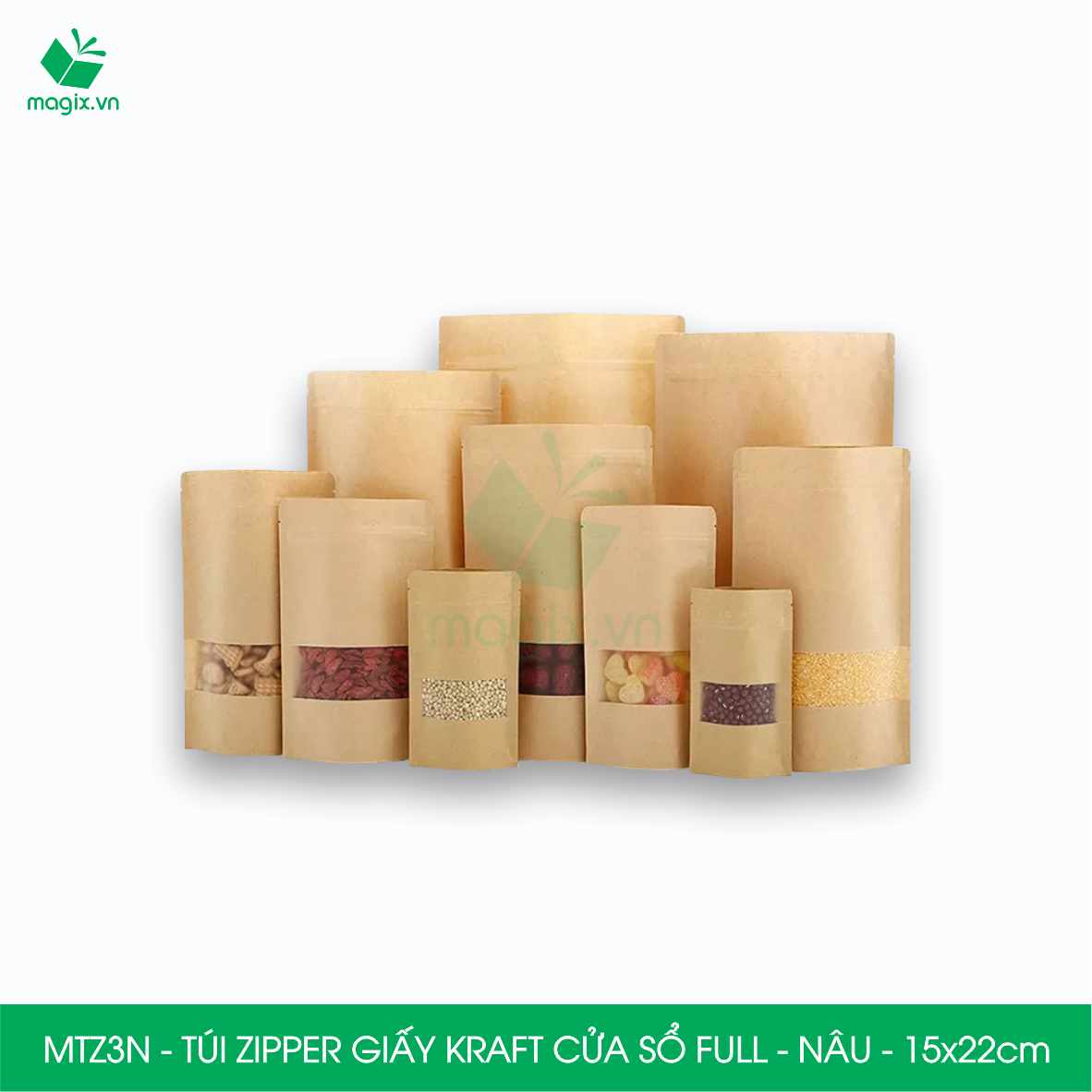 MTZ3N - 15x22cm - Combo 50 Túi Zipper giấy Kraft Nâu đáy đứng có cửa sổ